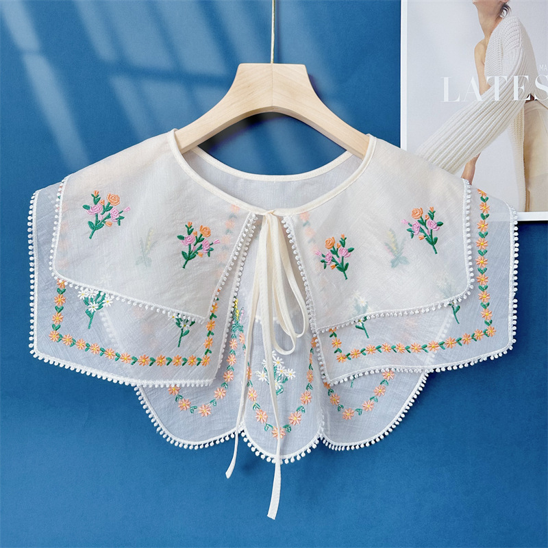 Picture of New double exquisite embroidery black and white apricot tricolor color small flower pastoral shawl bilateral wave wholesale