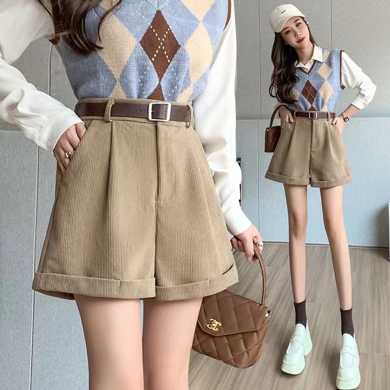 plus size corduroy shorts women's autumn and winter 200kg high waist wide leg women's pants loose straight casual five-point boot pants