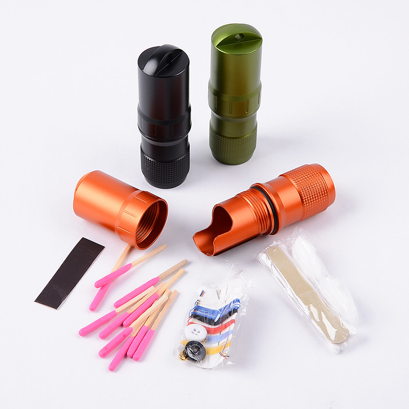 Portable Aluminum Alloy Outdoor Waterproof Warehouse Wilderness Survival Sealed Waterproof Can Waterproof Box with Matchbox and Other Accessories