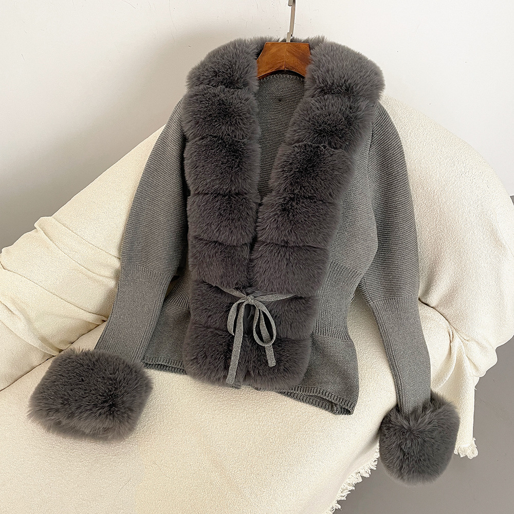 Cross-border hot autumn and winter new ladies sweater fur faux fox fur placket cuff hair detachable sweater