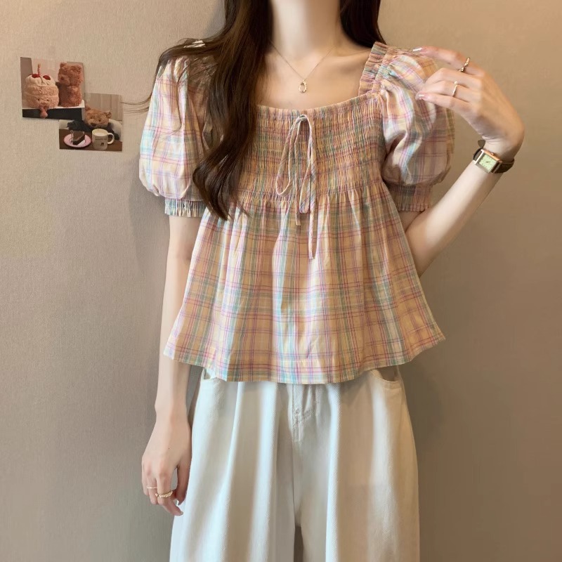 [Original] plus size Square Collar Plaid Short Sleeve Shirt Women's Summer chubby girl Loose Belly Covering Slim Puff Sleeve Top