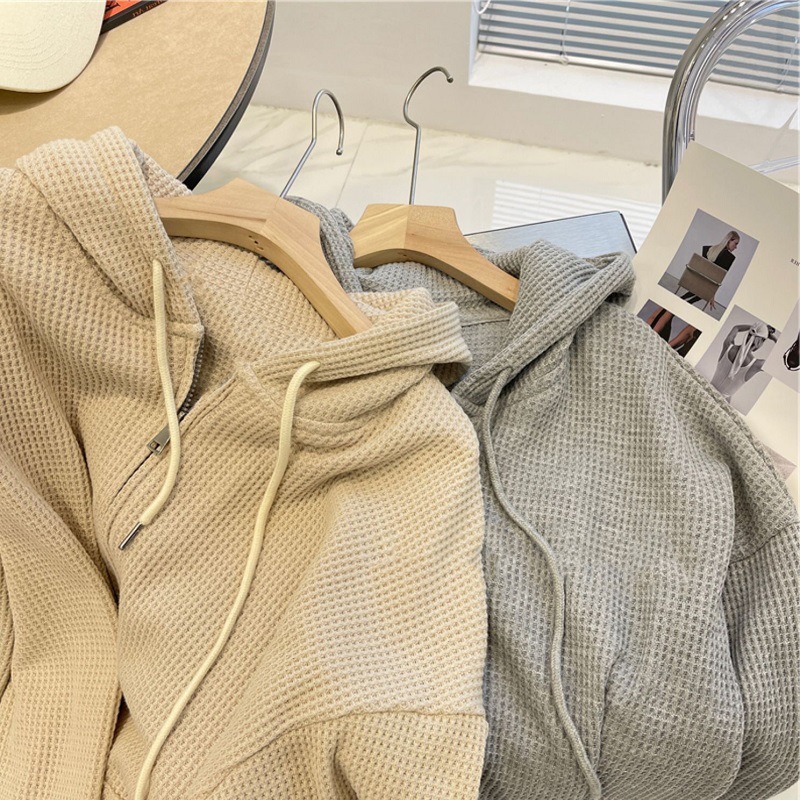 Waffley Hooded Sweater Women's Autumn New Loose Zipper Jacket Slimming Design Sense Long Sleeve Cardigan Top for Women