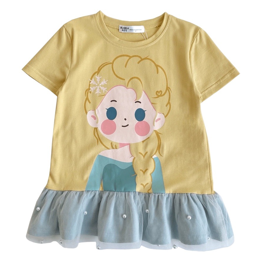 Girls Spliced Mesh Dress Pearl Summer New Korean Style Cute Cartoon Princess Series Ruffle Skirt for Women