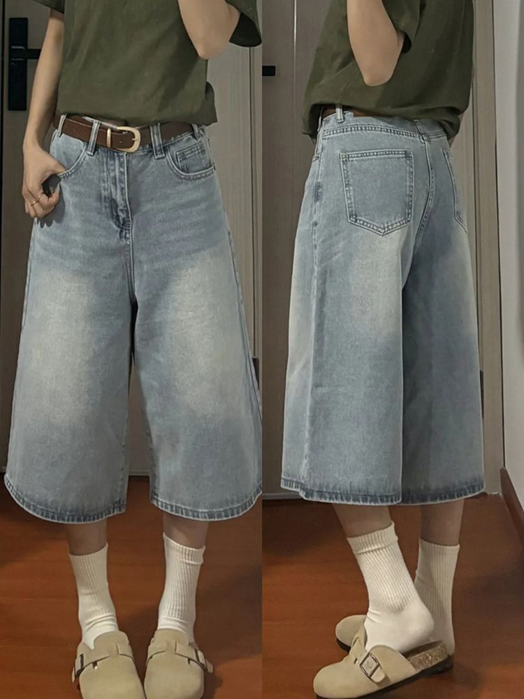Light-Colored Denim Cropped Wide-Leg Pants for Women, Summer New Plus-Size Loose Slimming Pear-Shaped Straight Pants