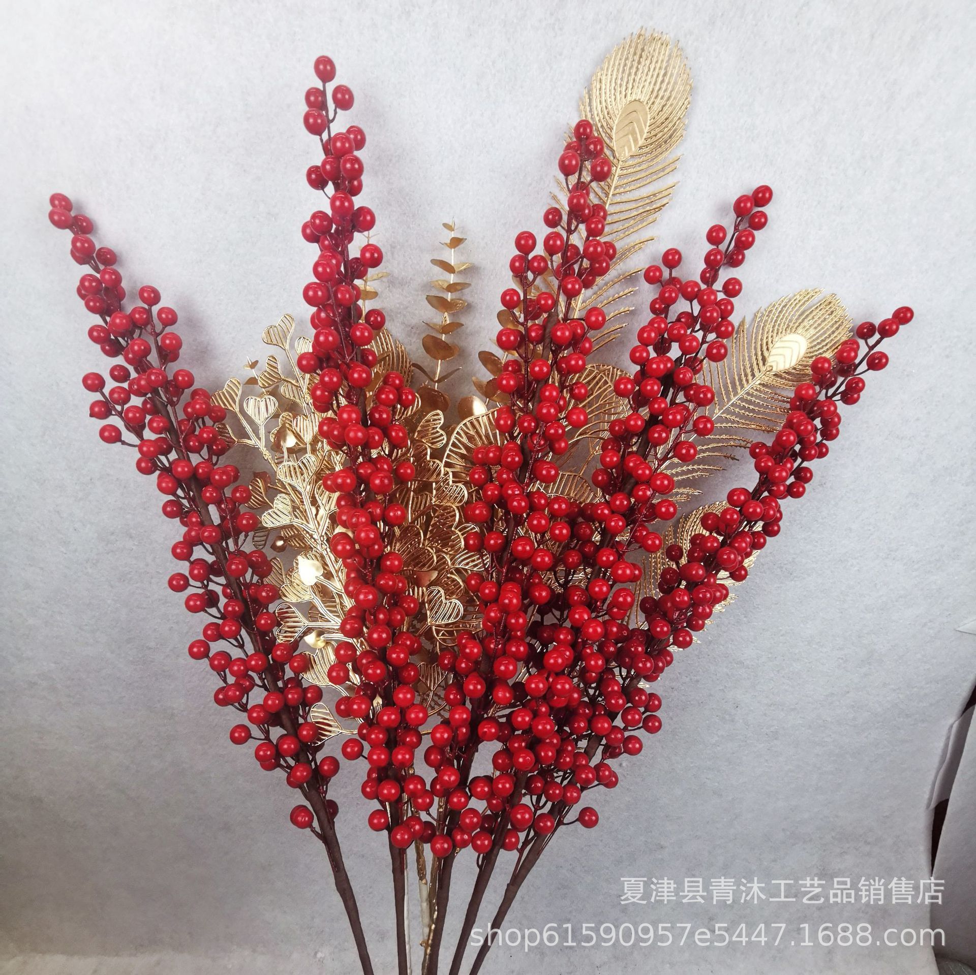 Picture of Factory wholesale multi-fork simulation red fruit fortune fruit Holly fruit Spring Festival decoration simulation flower blessing bucket accessories red fruit