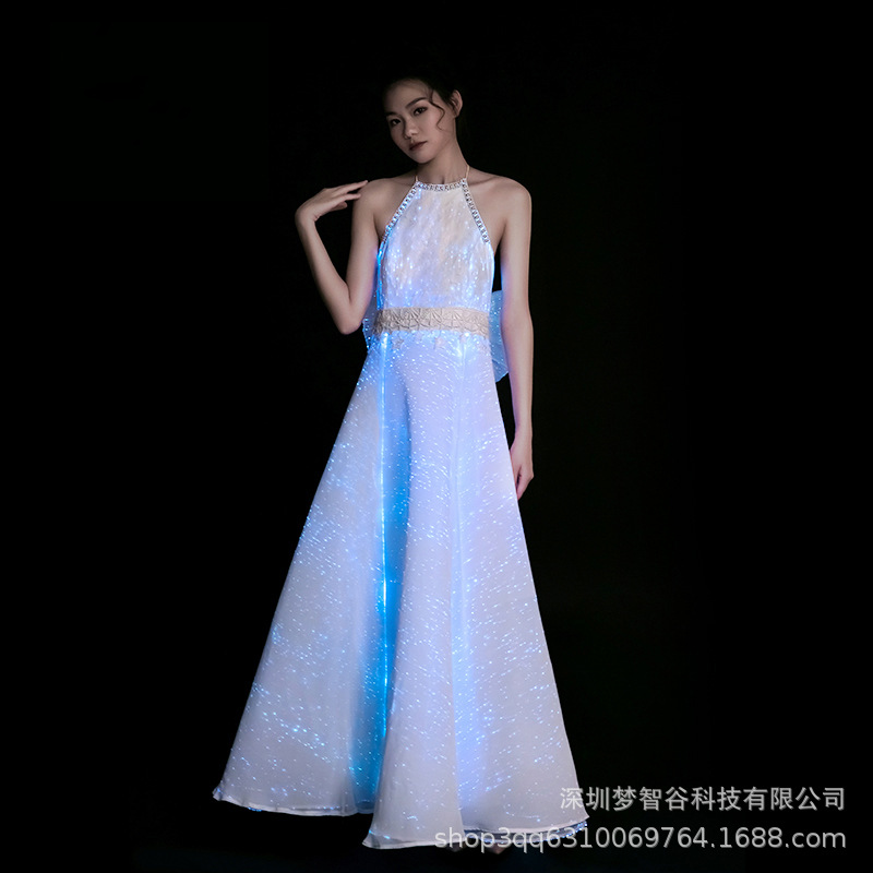 Fiber Optic Luminous Backless Dress, French Round Neck A-Line Dress, Evening Party Dress, Off-Shoulder Dress, Sleeveless Dress with Petticoat, Luminous Gown