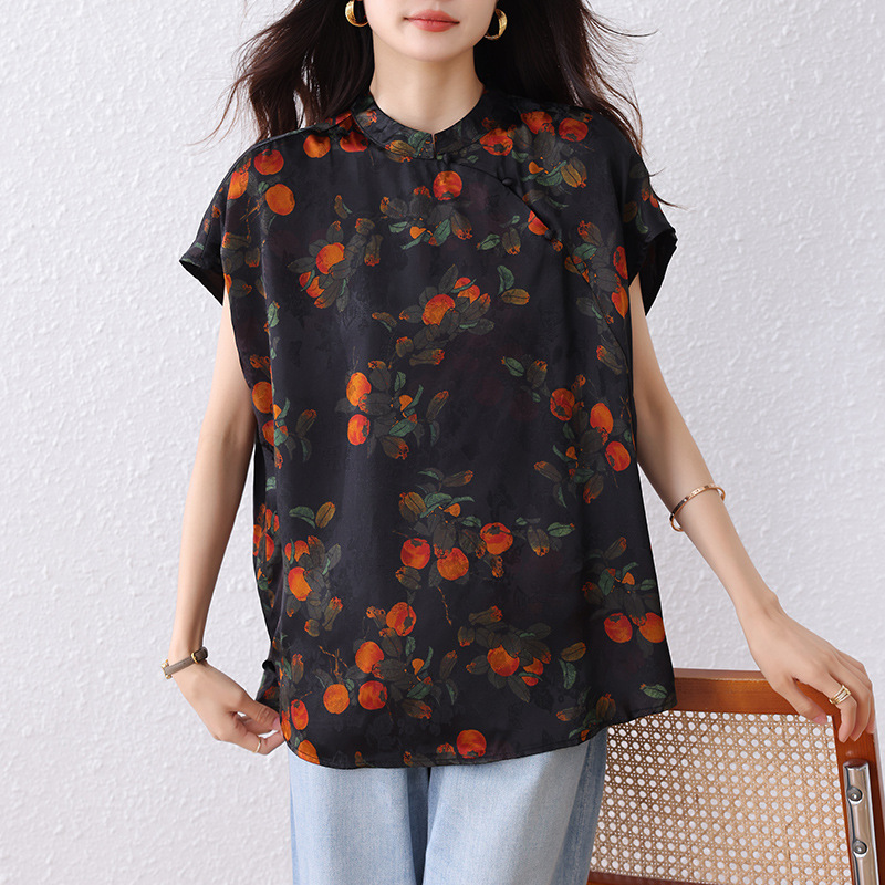 Real Shot of New Chinese Style Improved Bat-Sleeve Jacquard Shirt, Summer Style, Chinese Style, Western Style, Age-Reducing Shirt for Women