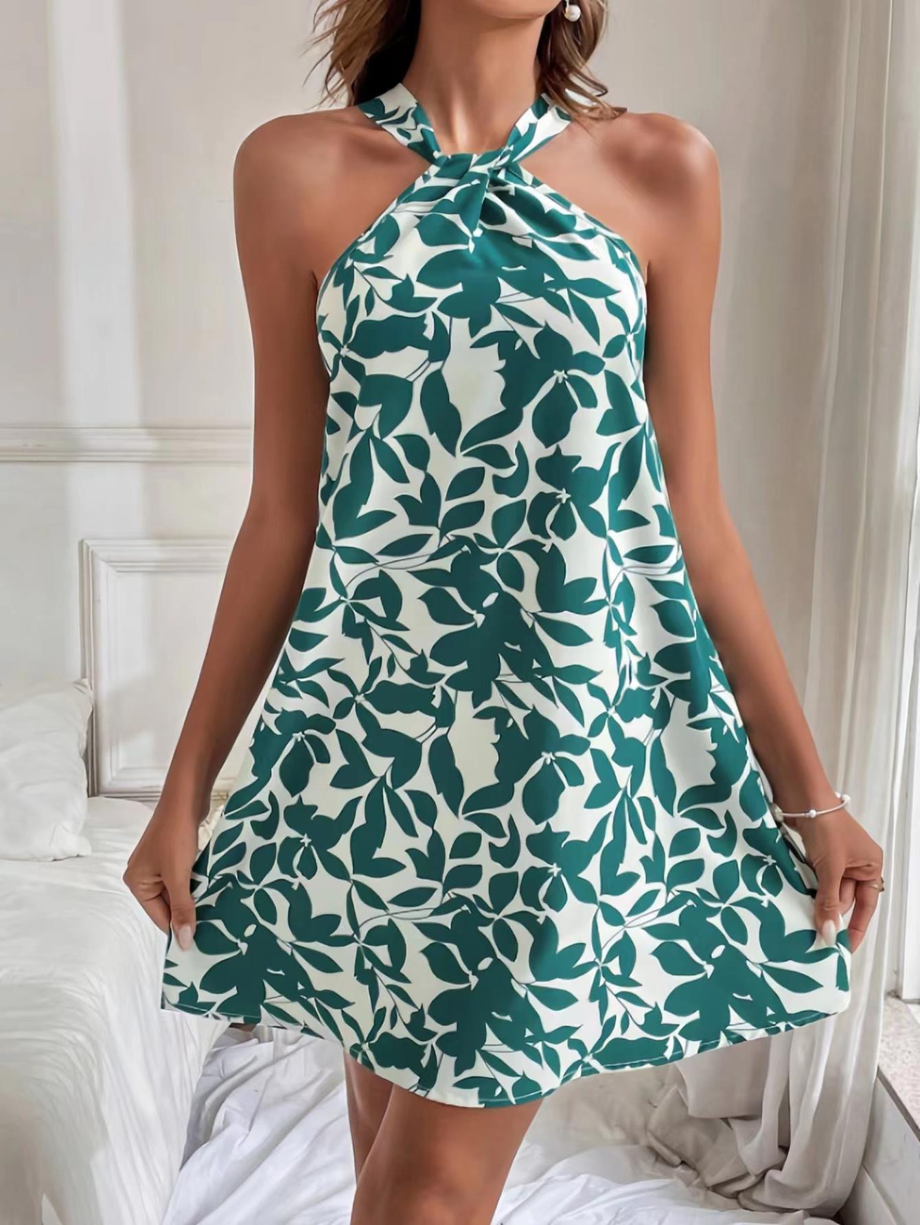 Women's dress cross-border independent station wish Amazon 2024 new women's hanging neck printed sleeveless skirt