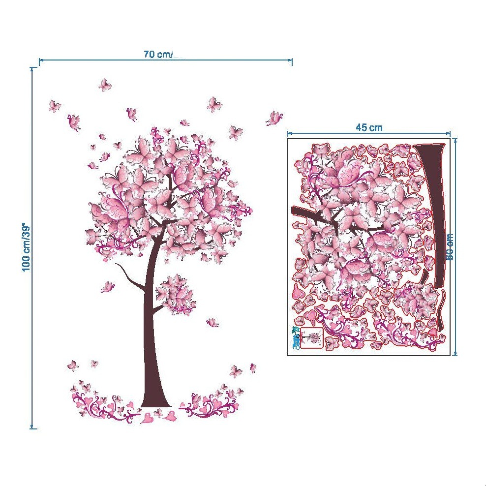 ZY075 new pink butterfly tree bedroom living room background wall stickers factory wholesale removable