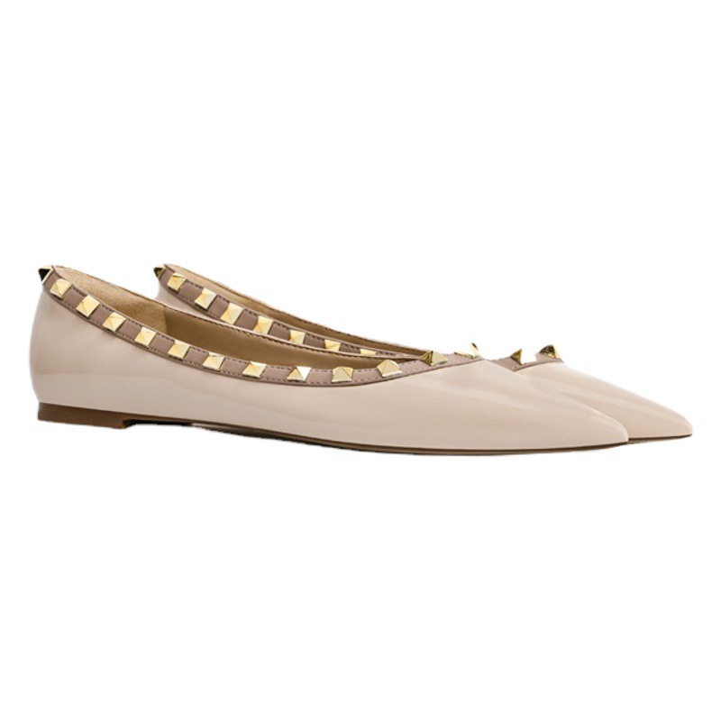Picture of Nude Pointed Toe Shoes for Women 2024 Spring Shallow Patent Leather Versatile European and American Soft-Soled Boat Shoes Flats-Soled Rivet Shoes for Work Clothing