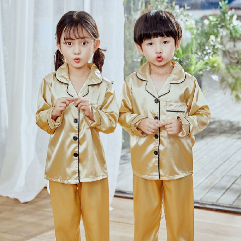 Picture of Spring and Summer Children's Pajamas for Boys and Girls Solid Color Silk Cardigan Long Sleeve Trousers Children's Home Clothes suit
