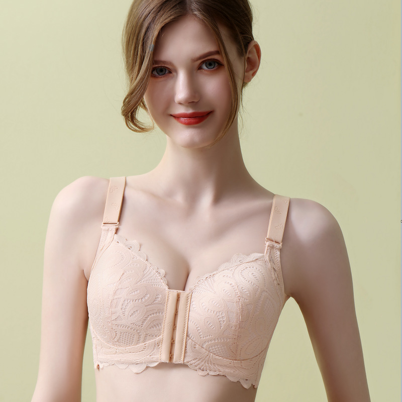 Cross-border front buckle lace plus size bra thin comfortable plus size underwear without steel ring gathered bra wholesale