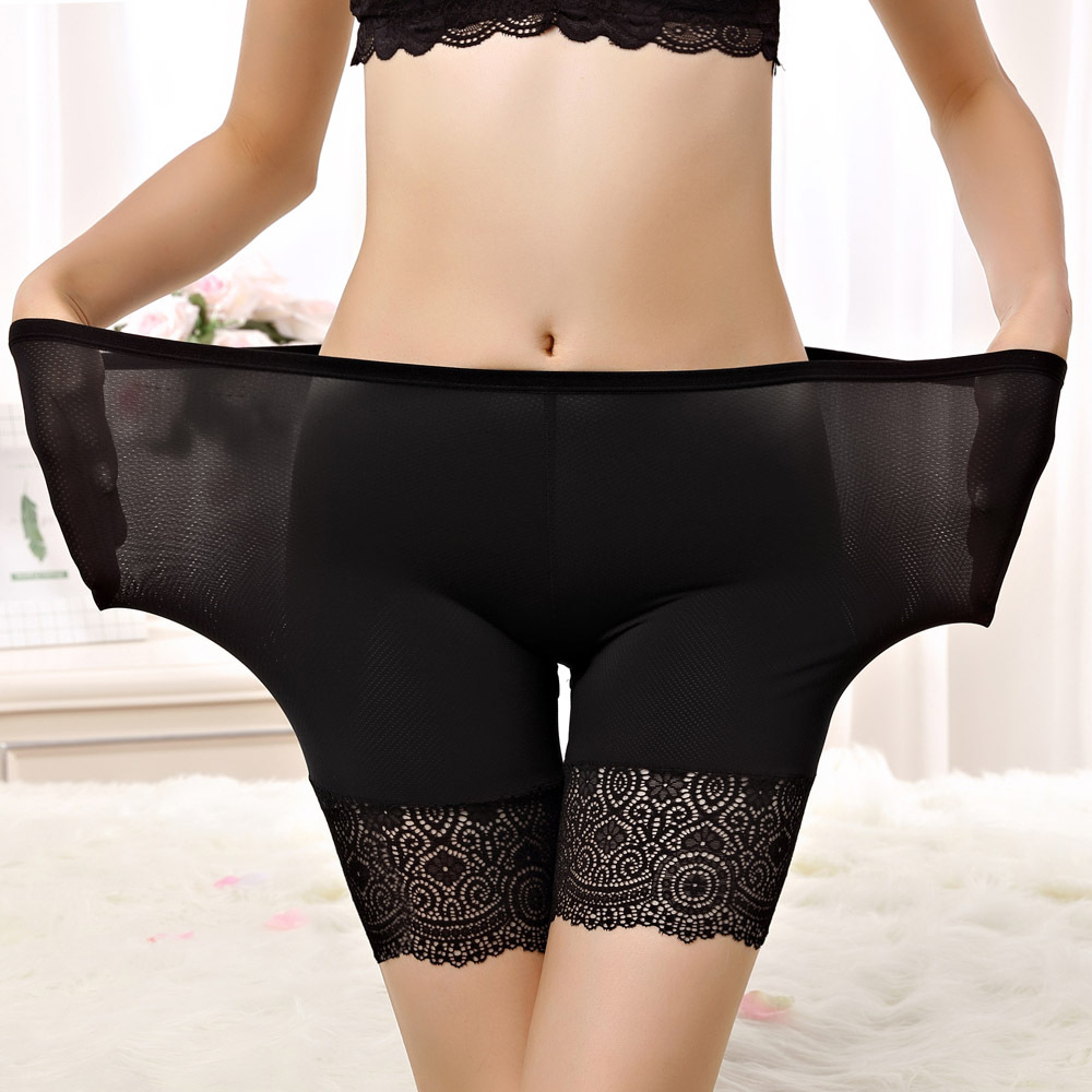 170kg plus fat plus size Ice Silk seamless safety pants lace anti-light three-point leggings hollow breathable fat M