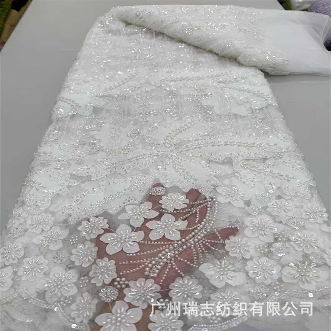 New 3D bead lace laser three-dimensional flower bead tube embroidery beads embroidered cloth wedding dress fabric stage clothing