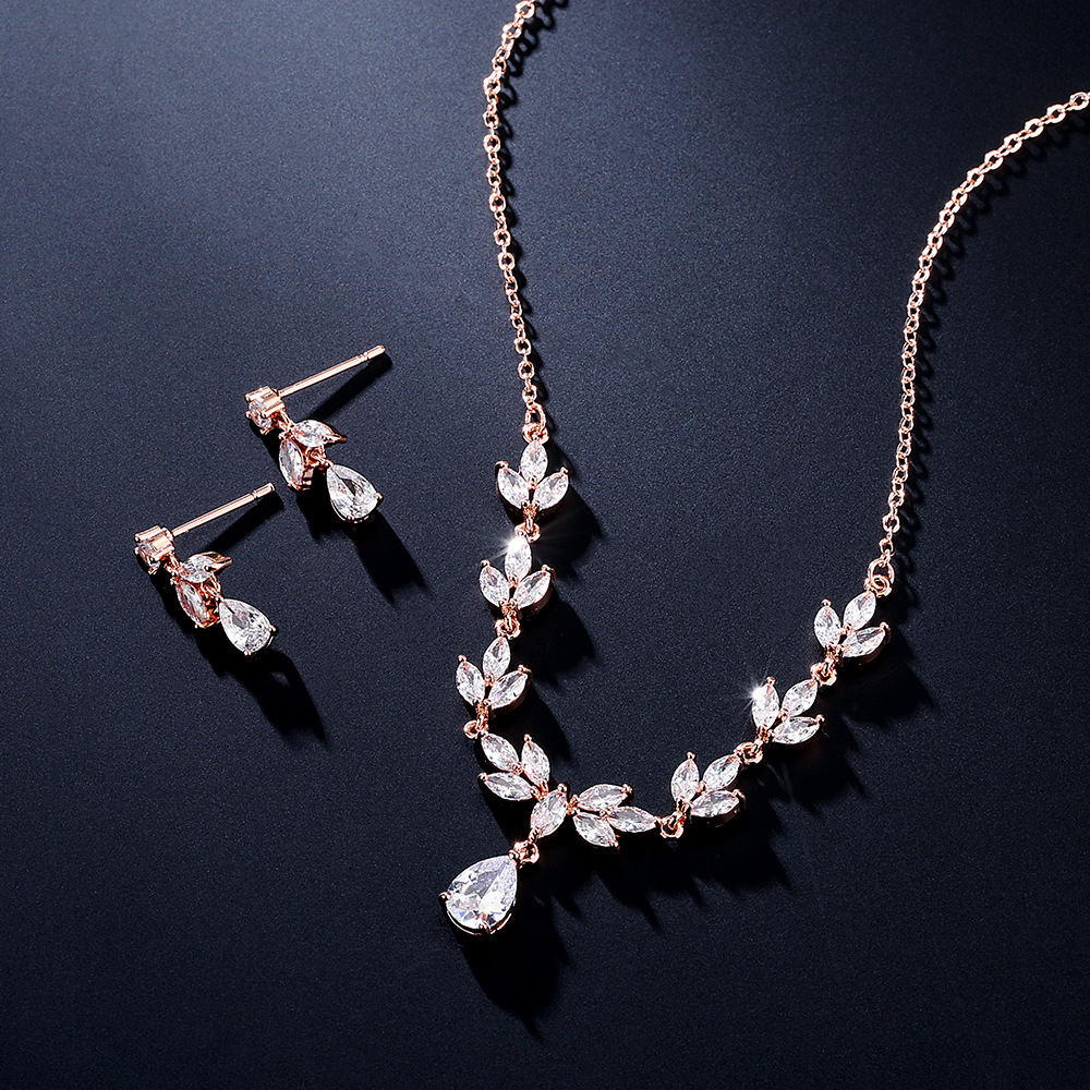 RAKOL European and American Bride Wedding Jewelry Set Exquisite Temperament Water Drop Horse Eye Zircon Necklace Earrings Two-piece Set