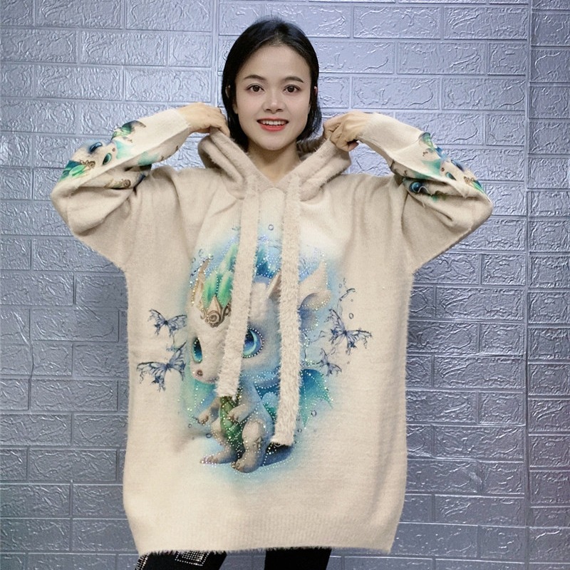 2023 Fashion Internet Celebrity Popular Printed All-match Lazy Loose Elf Dragon Cute Hooded Long-sleeved Niche Sweater for Women