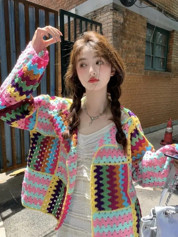 Design Sense Korean Style Sweet Hyun Ya Feng Heavy Industry Color Knitted Crochet Loose Knitted Cardigan Jacket Autumn and Winter Contrast Color