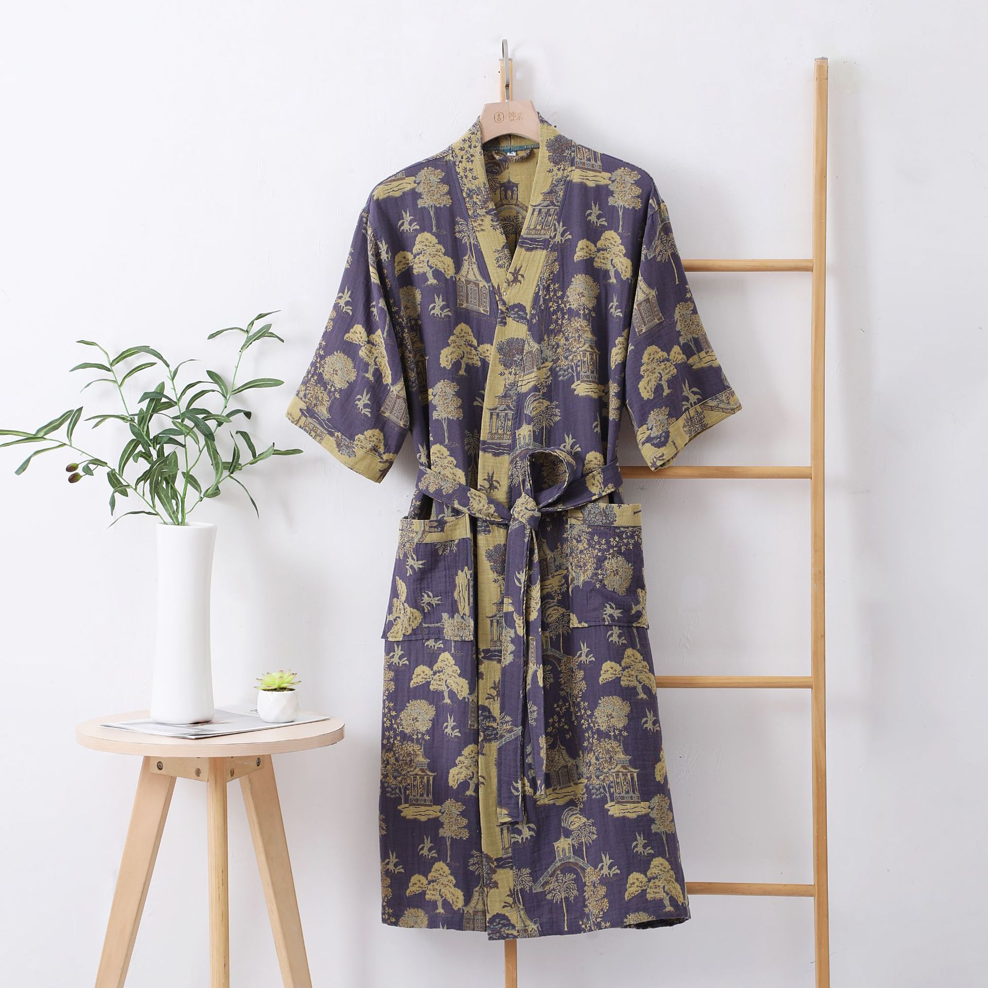 Picture of Pure Cotton Double Gauze Bathrobe Class A Thin Pajamas for Spring and Summer Home Clothes Nightgown Couple's Water Absorbent Quick-drying Bathrobe