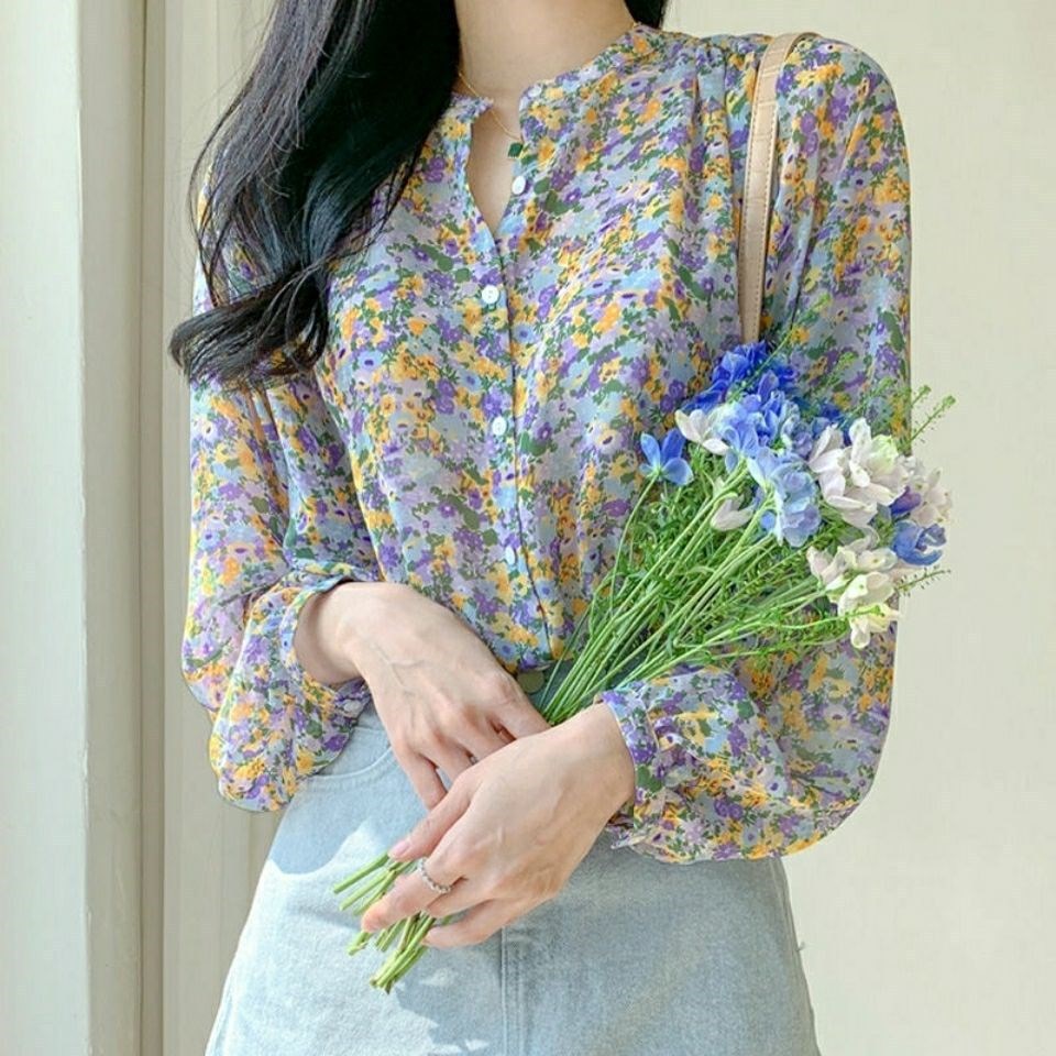 Floral Chiffon Shirt Women's Super Fairy Spring and Summer New Design Sense Long Sleeve Round Neck Printed Stylish Top Sweet Small Shirt