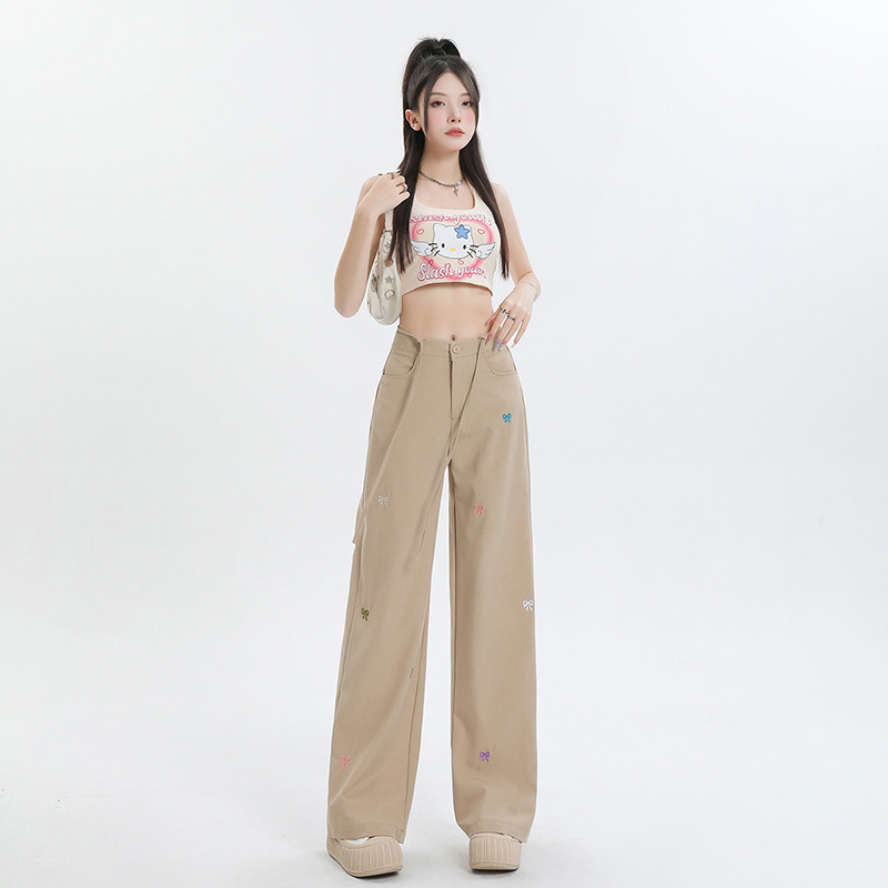 khaki Bow Embroidered Cargo Casual Pants Women's Summer High Waist Lace-up Straight-leg Wide-leg Floor Trousers