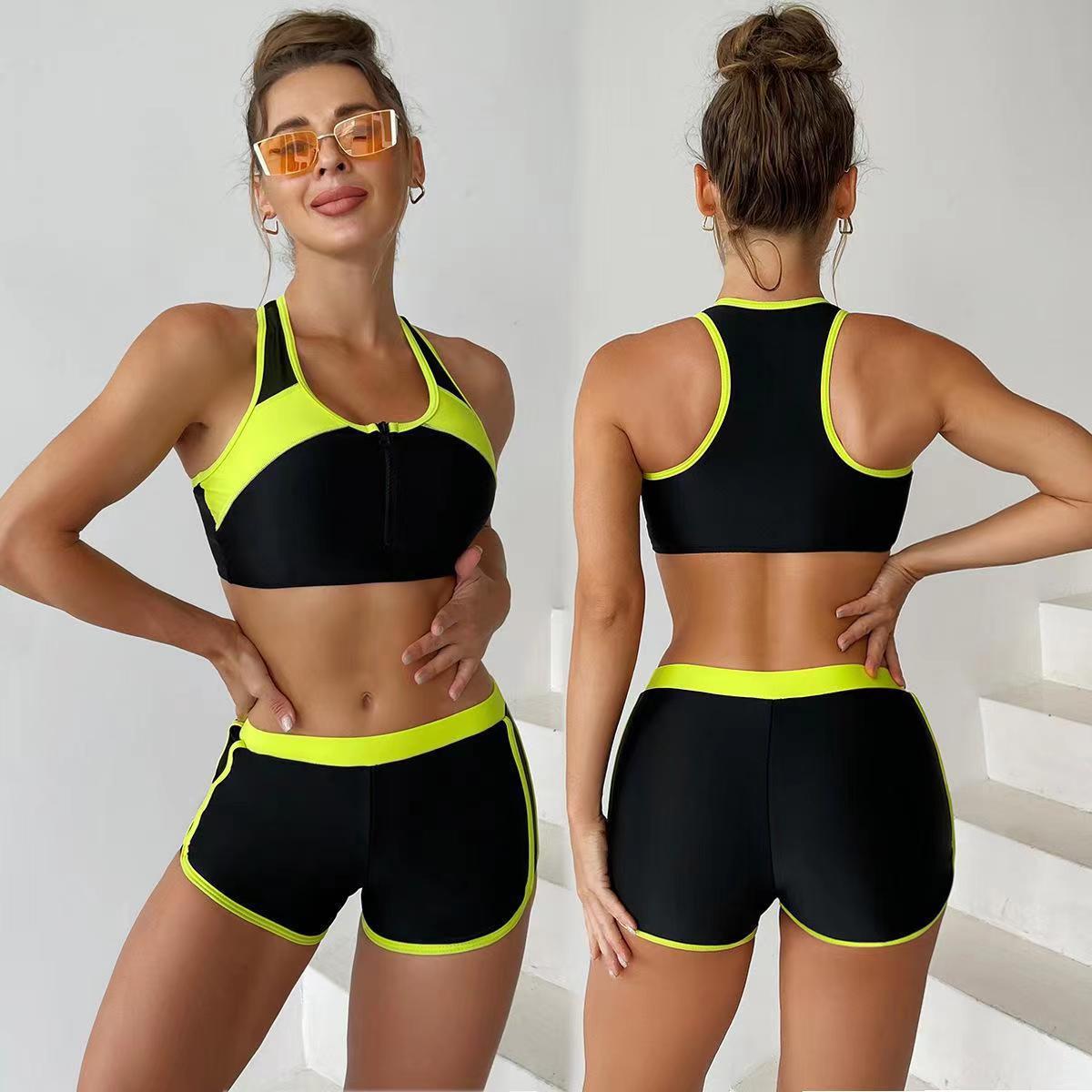 European and American New Color Block Women's Split Boxer Swimsuit with Zipper Chest Sports Racing Bikini Foreign Trade Swimsuit