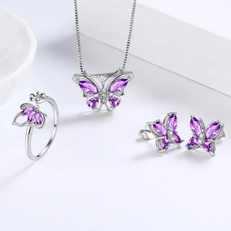 TEMU Cross-border New Butterfly Ring Earring Necklace Female European and American Animal Butterfly Pendant Clavicle Chain Jewelry suit