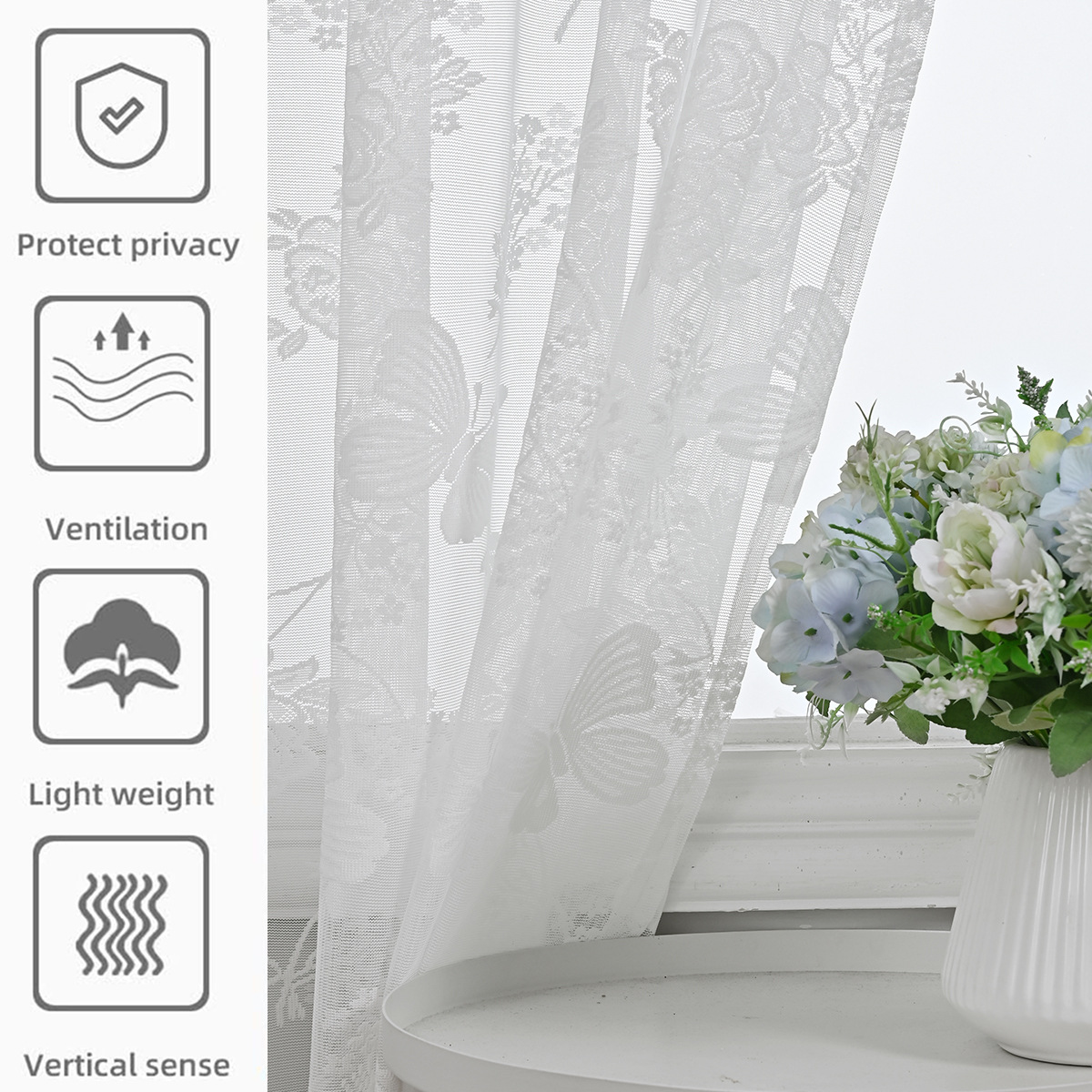 Picture of TEMU in stock window screen generation cross-border butterfly love flower white lace window screen SHEIN semi-shading finished curtain