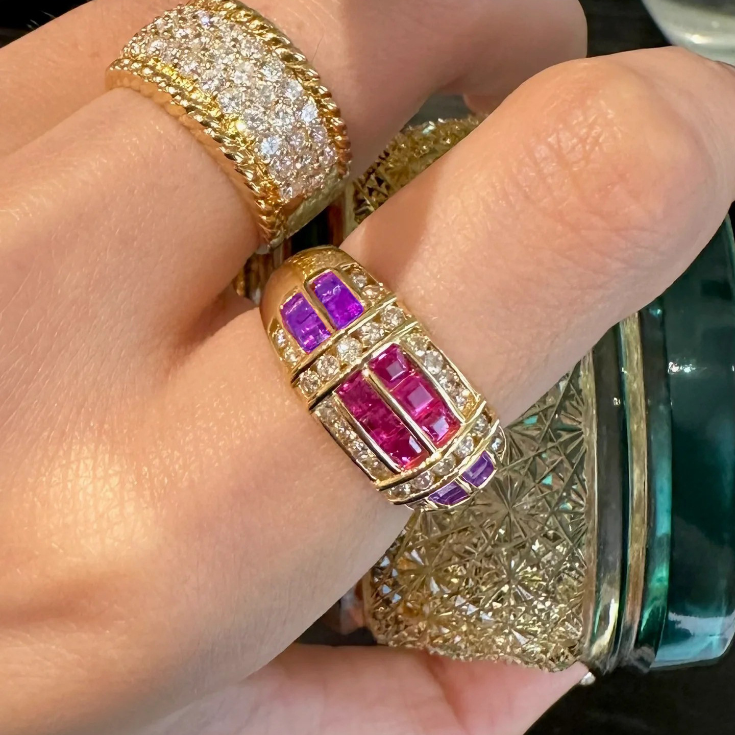 vintage Ancient Style British Classic Two-Tone Antique Jewelry Ring Heavy Industry Red Corundum Purple Diamond Ring Women's Ring
