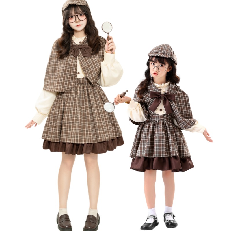 Parent-child Lolita Clothing British Academy Style cosplay Clothing Children Detective Sherlock Holmes suit with Shawl