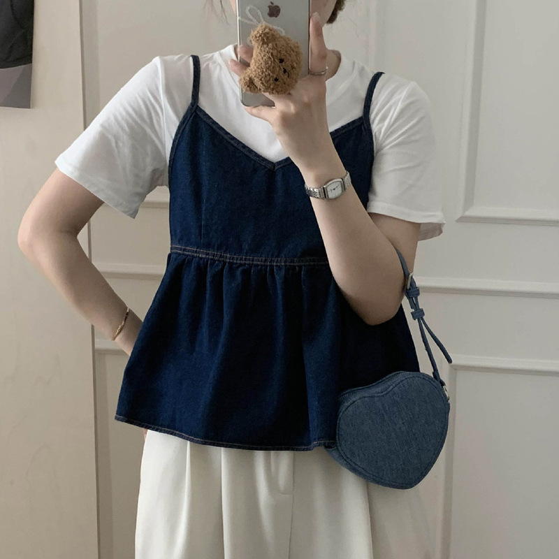Picture of Pleated Design Ruffled V-neck Thin Denim Vest All-match Age-reducing Loose Outer Wear Sling Dark Top for Women
