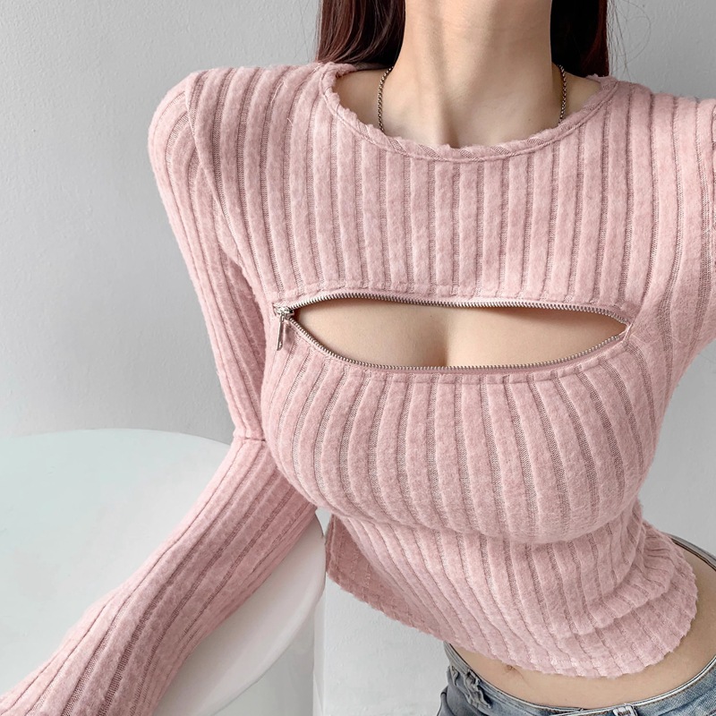 Sexy scheming hollow-out zipper open-cut knitted bottoming shirt slim-fit long-sleeved sweater for women
