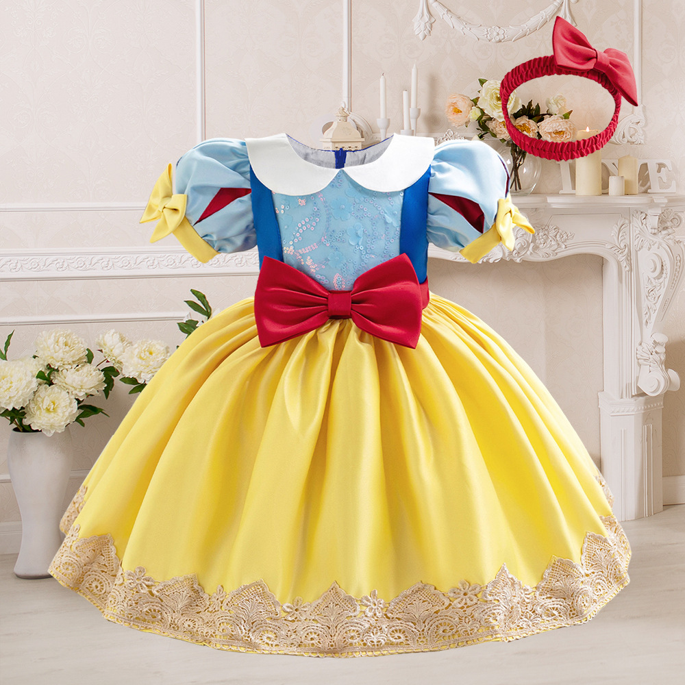 Cross-border Foreign Trade Children's Snow White Dress Girls' Puff Sleeve Puff Dress Bow Party Dress Princess Dress