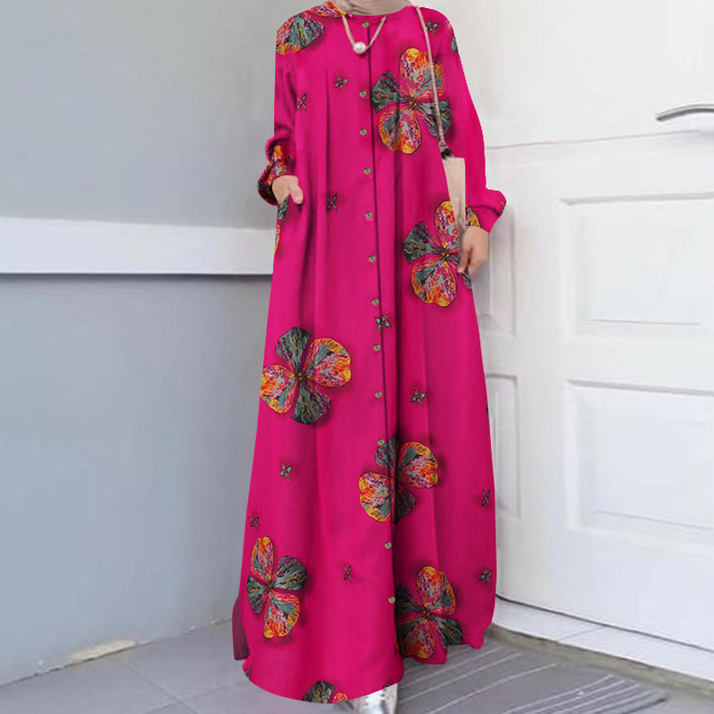 Picture of Cross-Border Trade Cotton and Linen Printed Shirts, Plus-Size Women's Casual Retro Long-Sleeved Robes, Loose Dresses