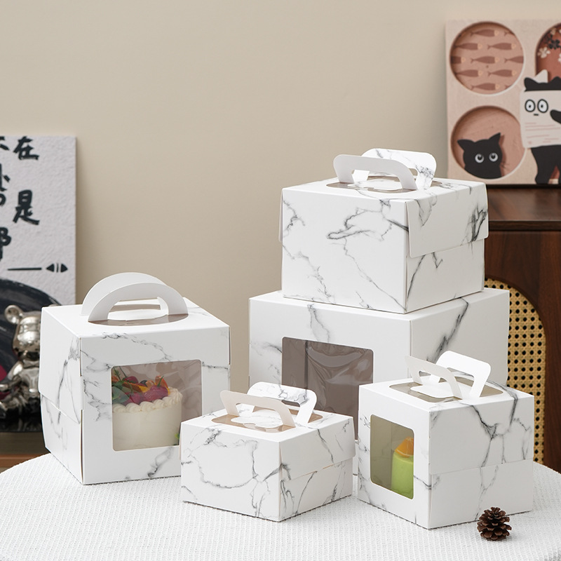 4-Inch 5-Inch 6inch 8inch Birthday Cake Box with Handle, Mille-Feuille Mousse Packaging Box, Marble Cake Paper Box