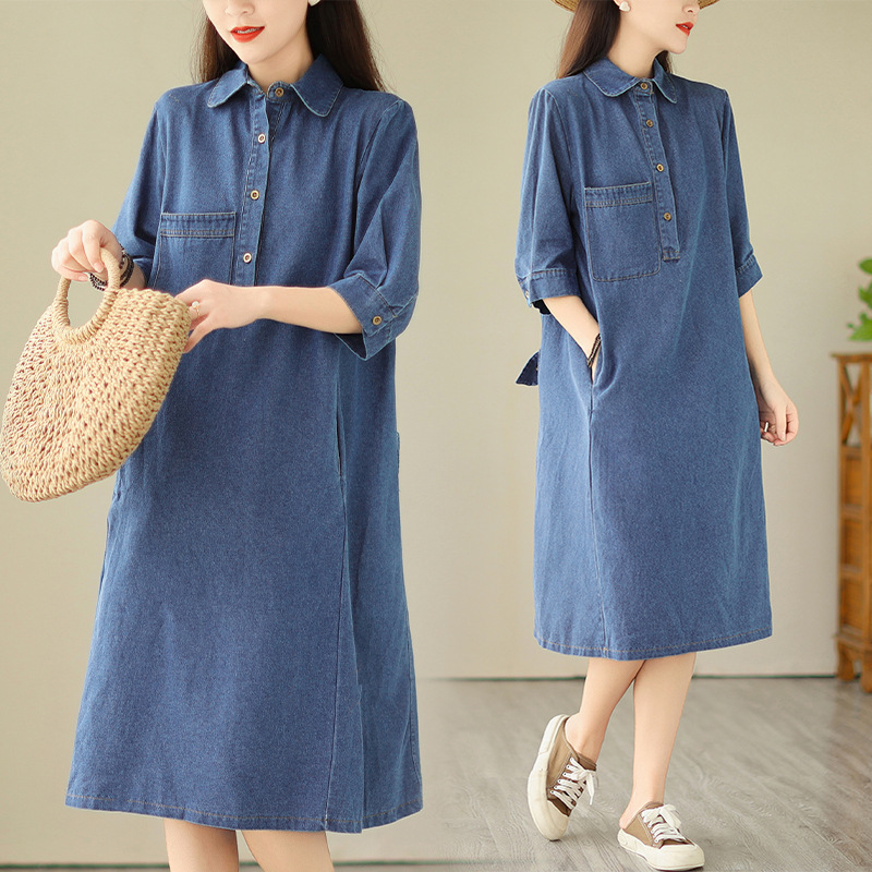Real shot 2024 spring and summer new Korean version of loose large size women's clothing long casual polished intellectual denim dress