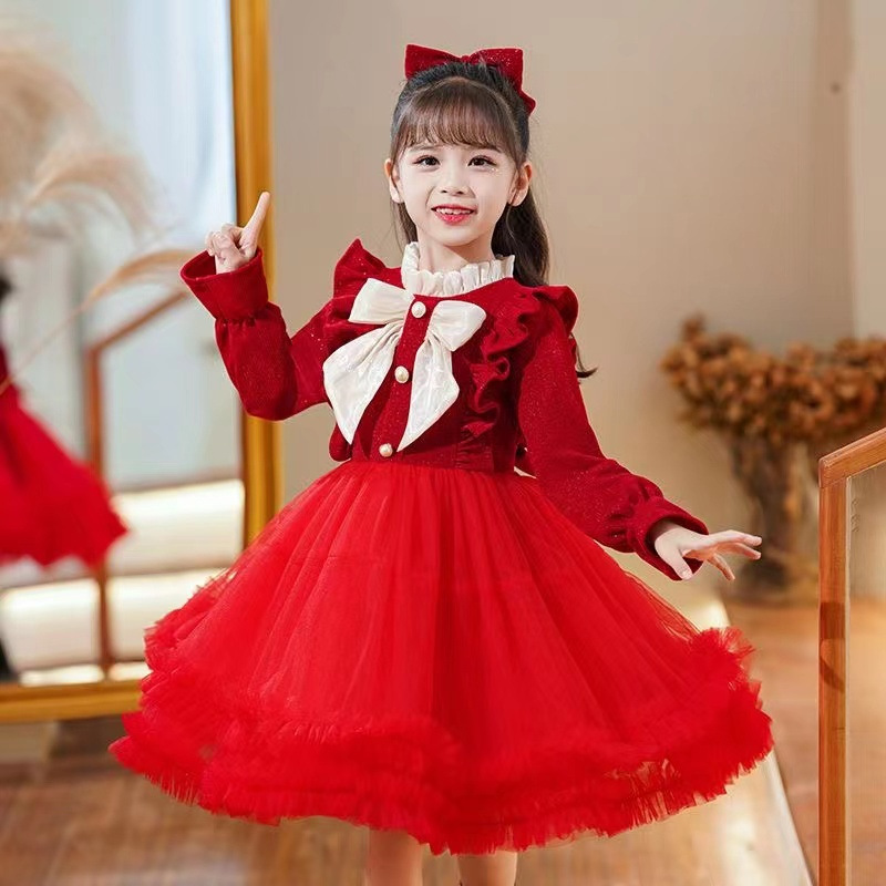 Girls' Red High-grade dress 2024 Fall/Winter New Heavy Industry Design Western Style Birthday Year's Old Pengpeng Skirt