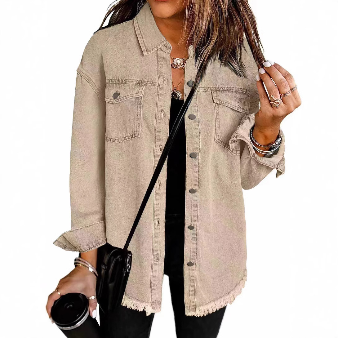 Picture of 2025 European and American Cross-Border Sales Amazon Standing New Raw Edge Denim Casual Loose Jacket Shirt