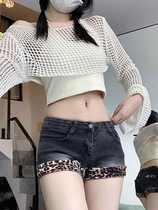 American Retro Leopard Print Splicing Washed Jeans for Women 2025 New Y2K Sexy Low-Waist Slimming Look Hip Shorts