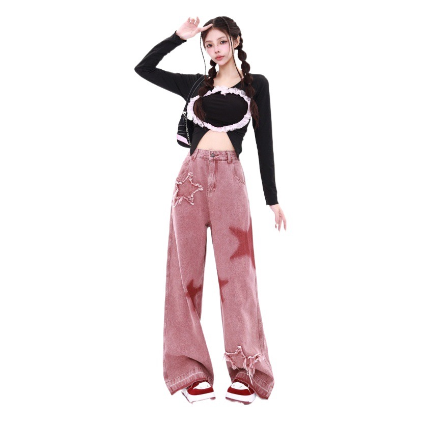 2024 plus size Women's chubby girl Street Embroidered Jeans Fashionable Slim Straight Leg Wide Leg Pants