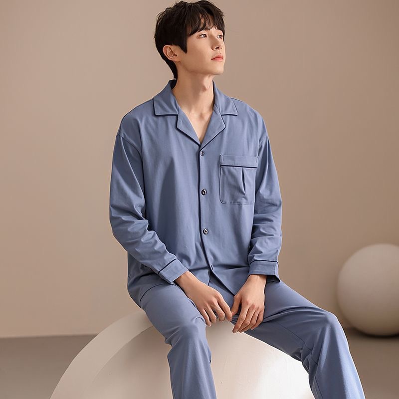 Men's Pajamas Spring and Autumn Cotton Long Sleeve Trousers Teenager Korean Style Spring and Autumn Thin Home Clothes suit