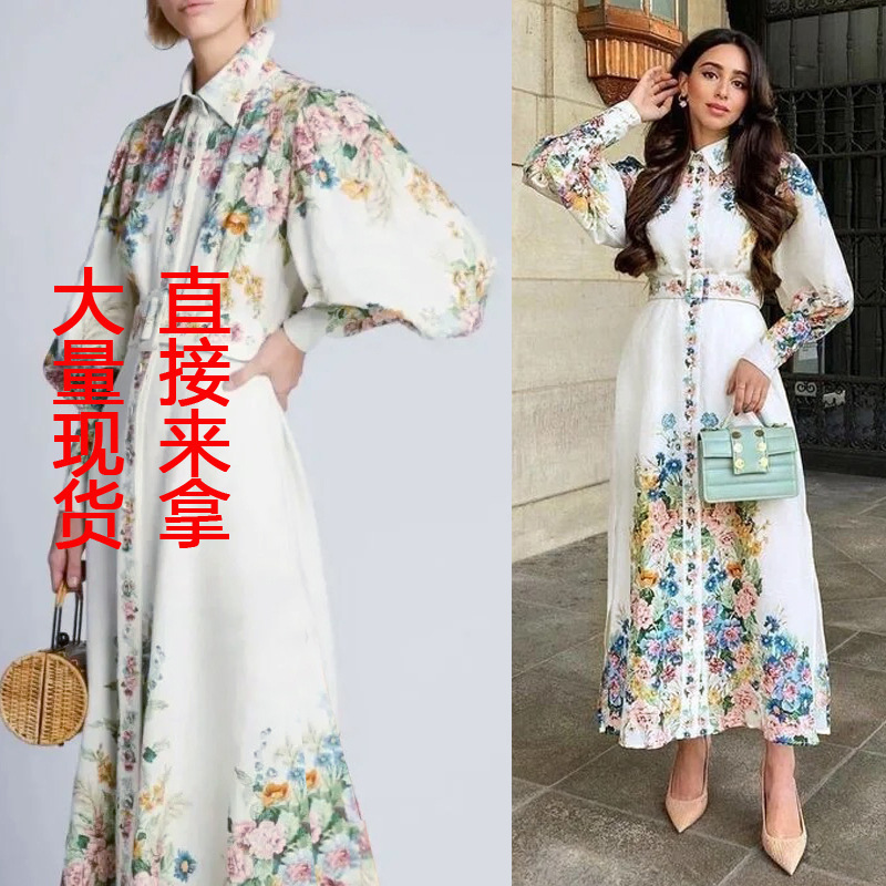 Cross-border Foreign Trade Holiday Single-breasted Lantern Sleeve Lapel dress Positioning Printed Loose Dress with Belt Women