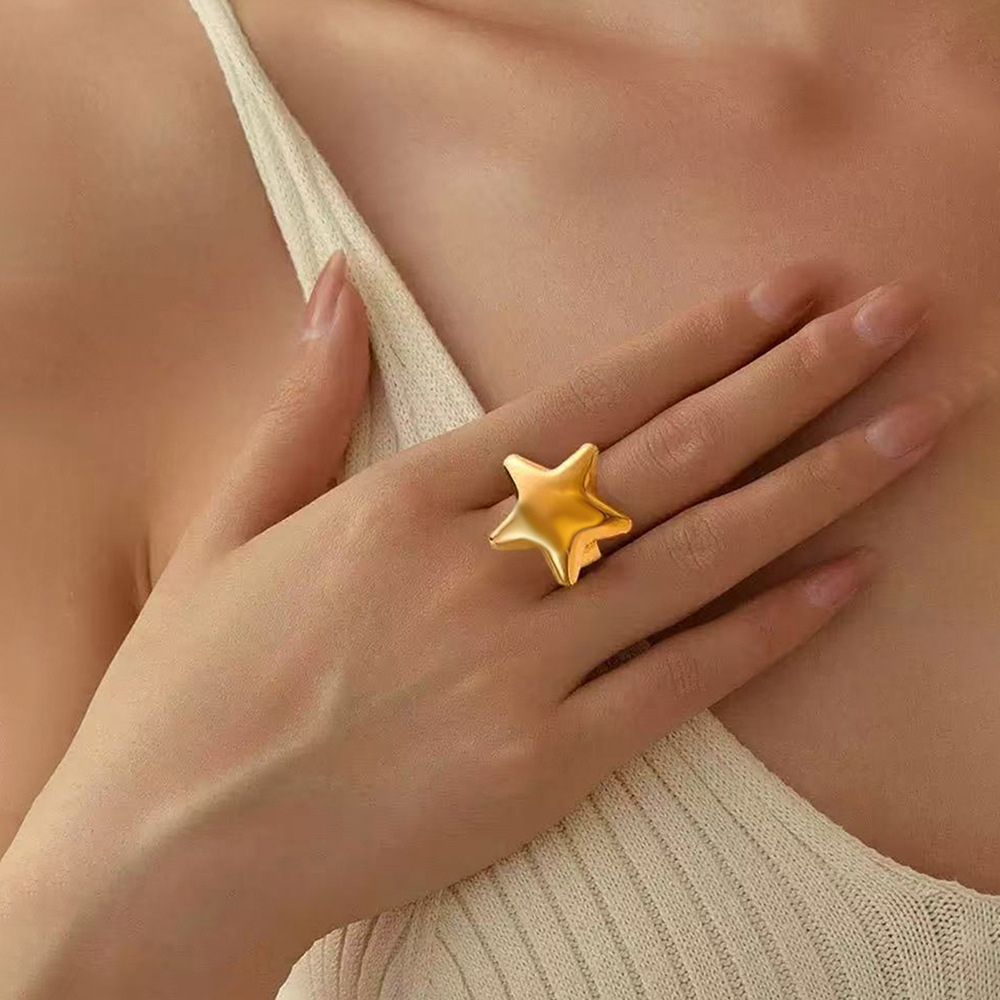 European and American Cross-Border Stylish Exaggerated Fashion High-End Light Luxury Style Five-Pointed Star Stainless Steel Open Ring Wholesale Jewelry for Women