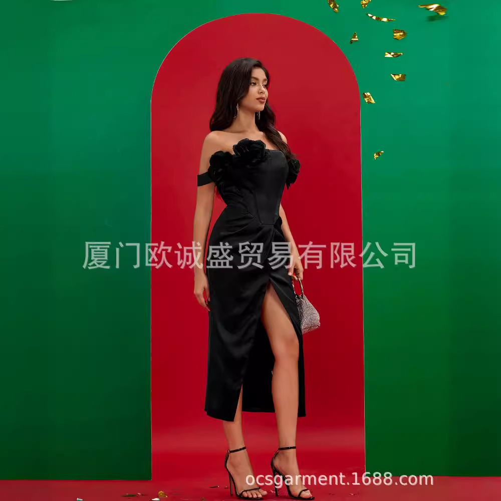 European and American Foreign Trade Women's Three-Dimensional Flower Design Pleated High Split Collar Backless Banquet Dress dress