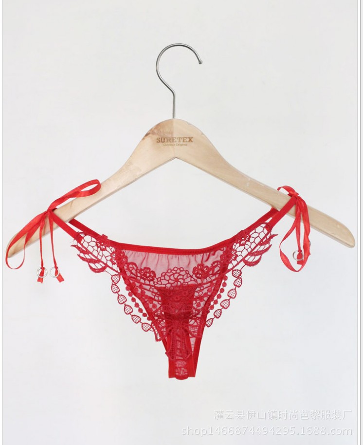 Sexy lingerie open-end sexy lace underwear women's transparent hair-exposed lace-up T-shaped pants plus size chubby girl