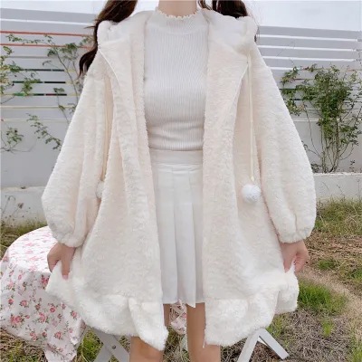 Picture of Winter soft girl cute fur ball rabbit ears hooded lotus leaf Border lamb wool thickened cotton-padded coat for students Female