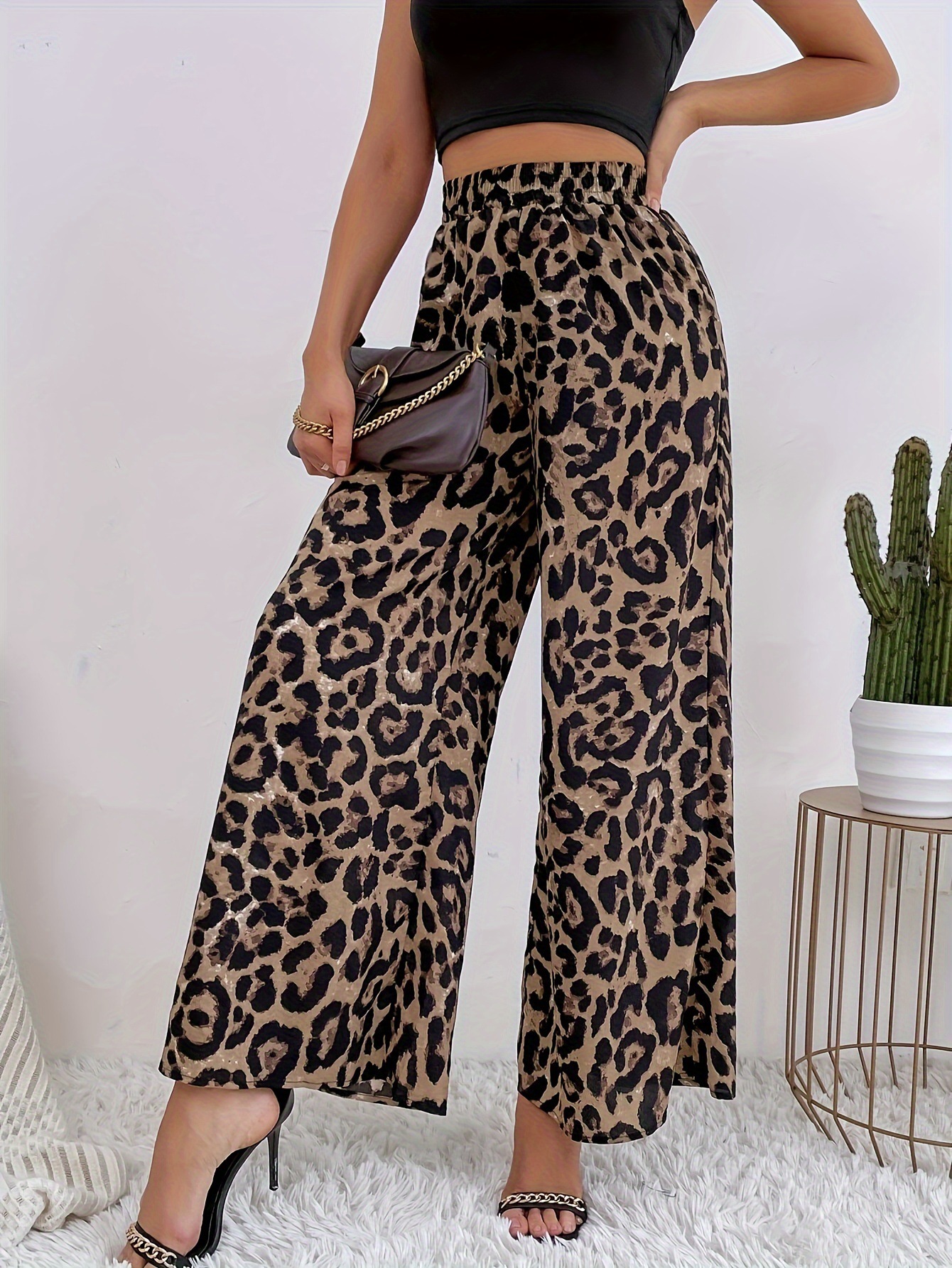 Cross-Border Spring European and American Clothing Fashion Classic Leopard Print Elastic Waist Drape Loose Casual Style Wide Leg Pants
