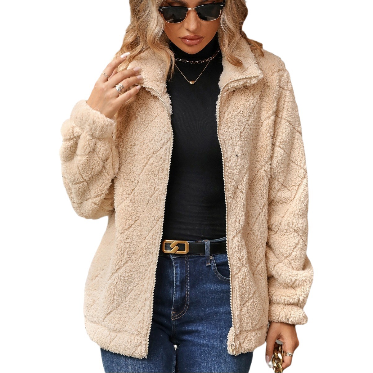Flash velvet 2023 European and American cross-border women's clothing Amazon autumn and winter new long sleeve cardigan zipper diamond plush coat women