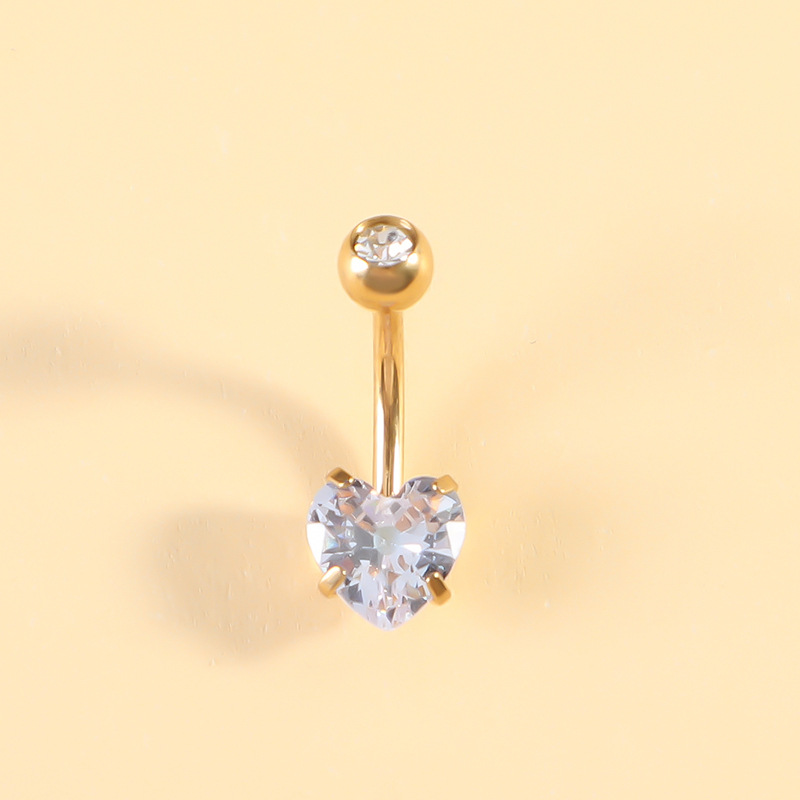 Picture of European and American Double Diamond Four-Claw Heart Zircon Fashionable Navel Ring Stainless Steel Navel Nail Trendyy Stainless Steel Navel Button