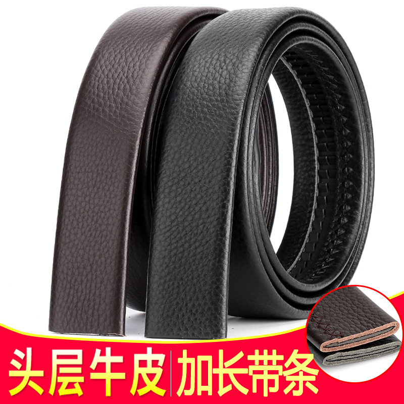 Men's Double-Sided First Layer Cowhide Lengthened Belt Strip Litchi Pattern 3.5 Automatic Buckle Trouser Belt 140 Unbuttoned Belt