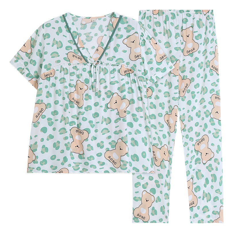Spring and Summer Innovative Pajamas Women's Short-sleeved Trousers Cotton Silk Suit V-neck Korean Style Thin Bow Home Clothes